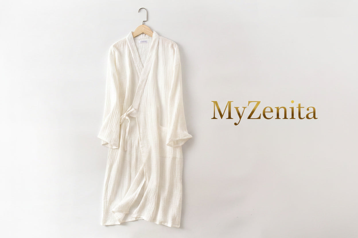 Peignoir Kimono Femme 100% Coton Crêpe Gaze – Col V Manches Longues Grandes Tailles – Livraison Offerte FR & EU