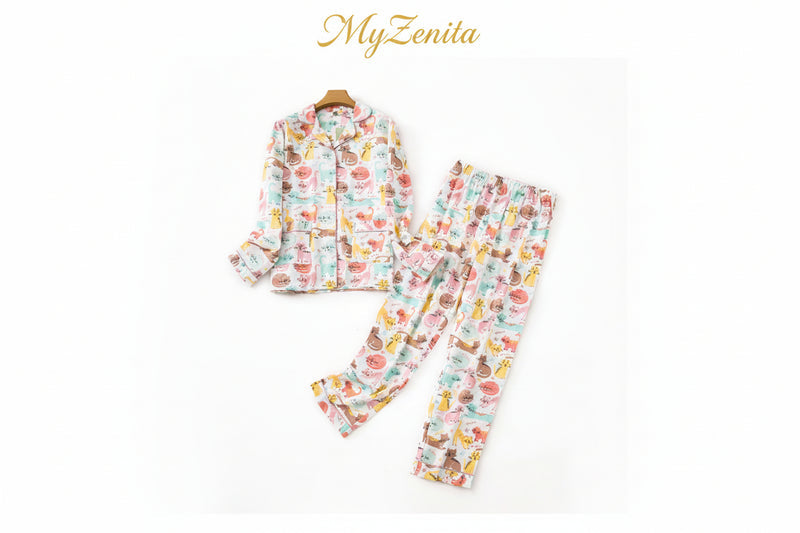 Pyjama Femme Flanelle Coton – Ensemble 2 Pièces Imprimé Kawaii & Carreaux | Livraison Offerte