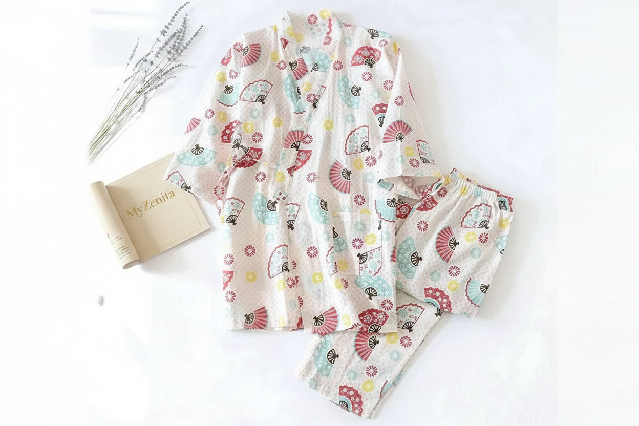 Pyjama Kimono Femme Coton Gaze Imprimé Roses – Livraison Offerte FR & EU
