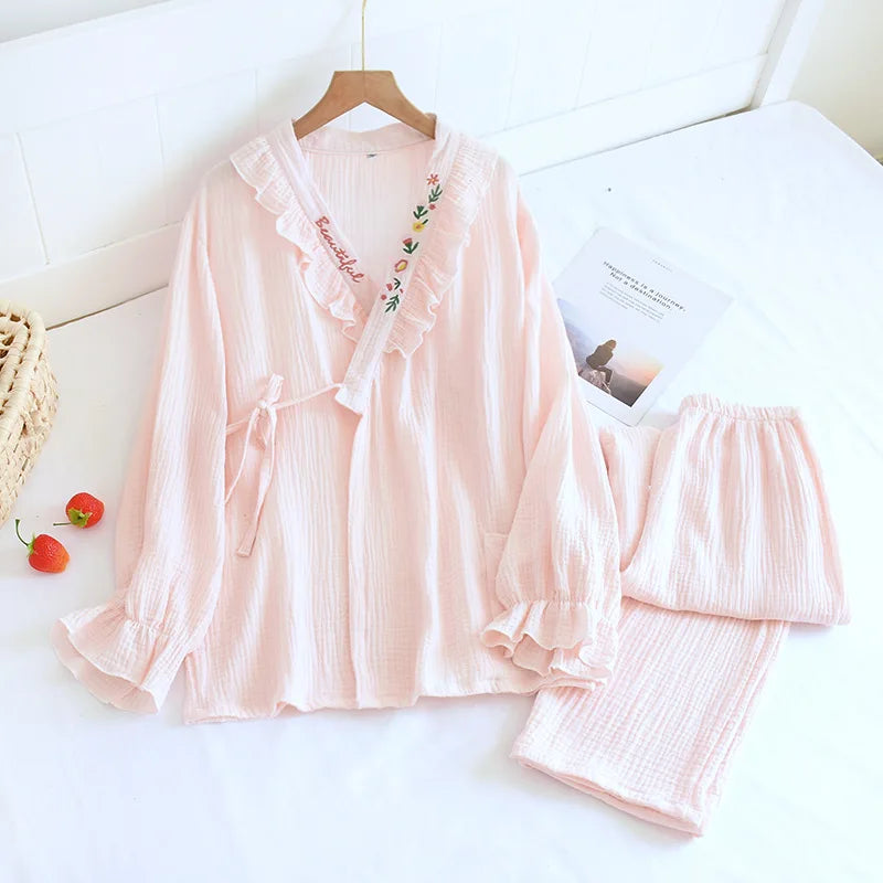 Ensemble Pyjama Kimono Femme 100% Coton — Manches Longues