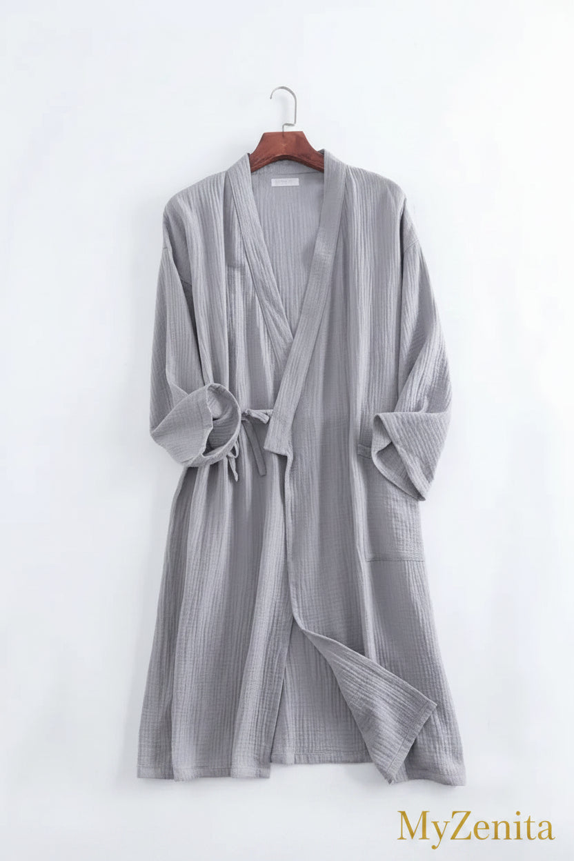 Peignoir Kimono Femme 100% Coton Crêpe Gaze – Col V Manches Longues Grandes Tailles – Livraison Offerte FR & EU