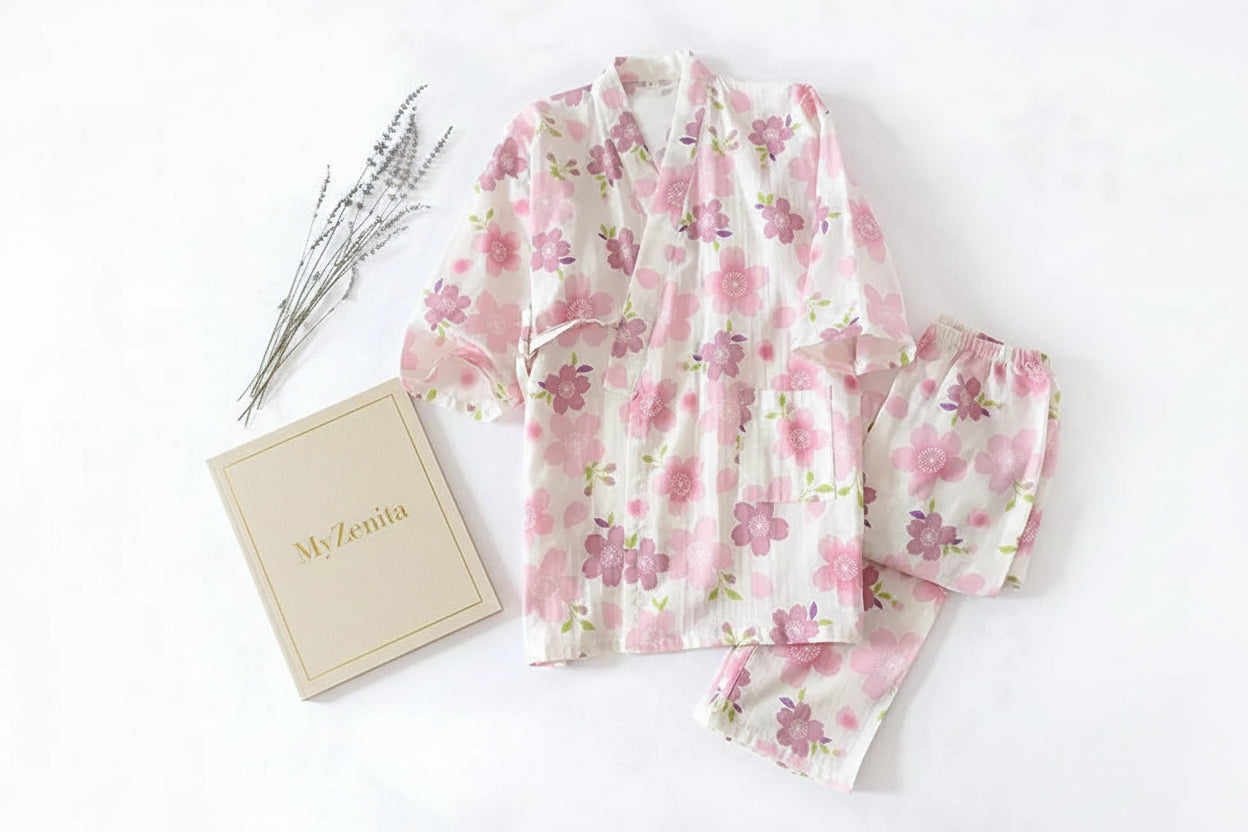 Pyjama Kimono Femme Coton Gaze Imprimé Roses – Livraison Offerte FR & EU