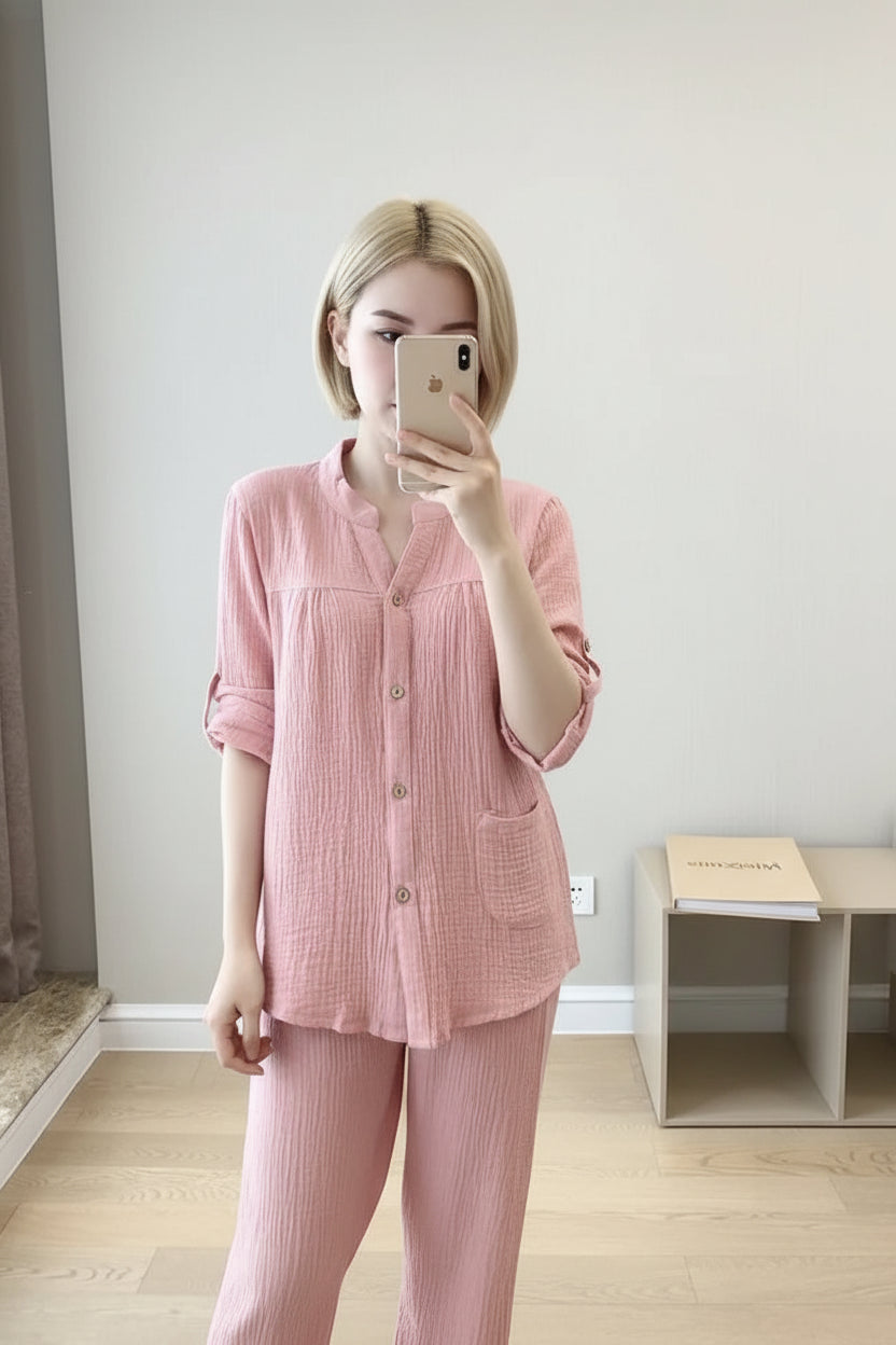 Pyjama Femme en Coton Crêpe – Col V – Ensemble 2 Pièces – Manches Longues – Tailles M à XL
