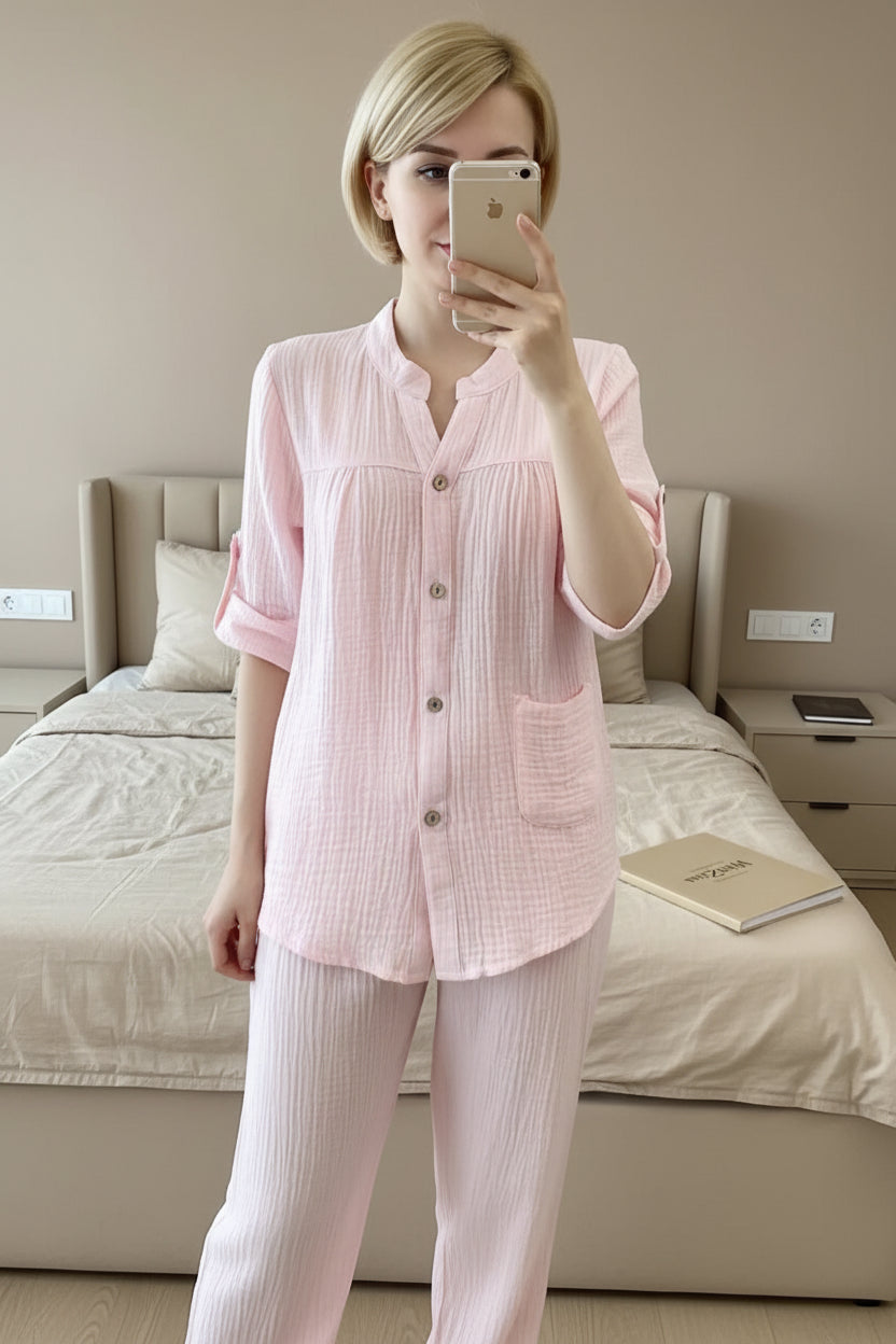 Pyjama Femme en Coton Crêpe – Col V – Ensemble 2 Pièces – Manches Longues – Tailles M à XL