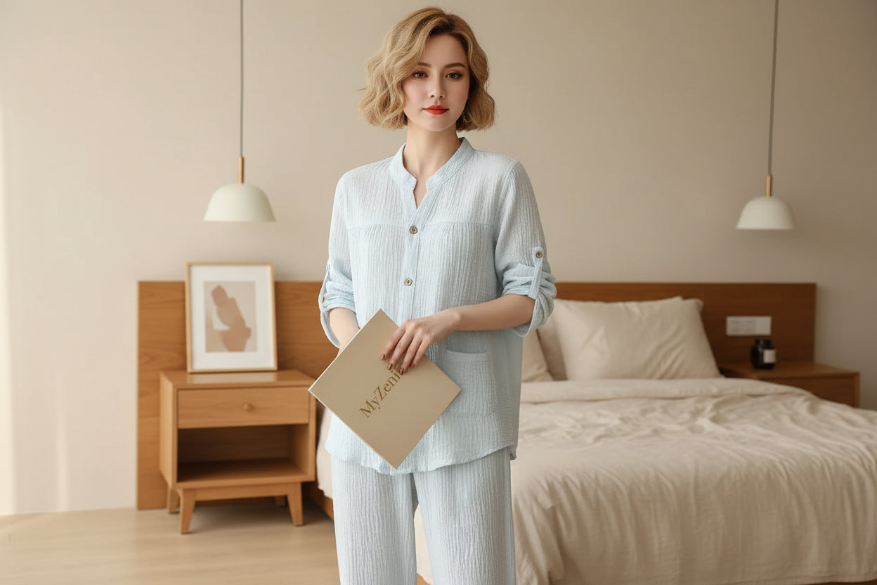 Pyjama Femme en Coton Crêpe – Col V – Ensemble 2 Pièces – Manches Longues – Tailles M à XL
