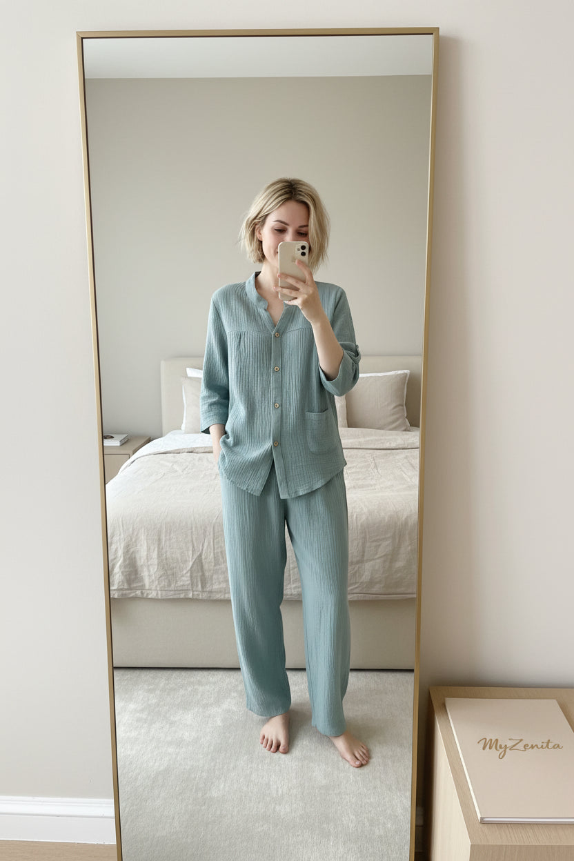 Pyjama Femme en Coton Crêpe – Col V – Ensemble 2 Pièces – Manches Longues – Tailles M à XL