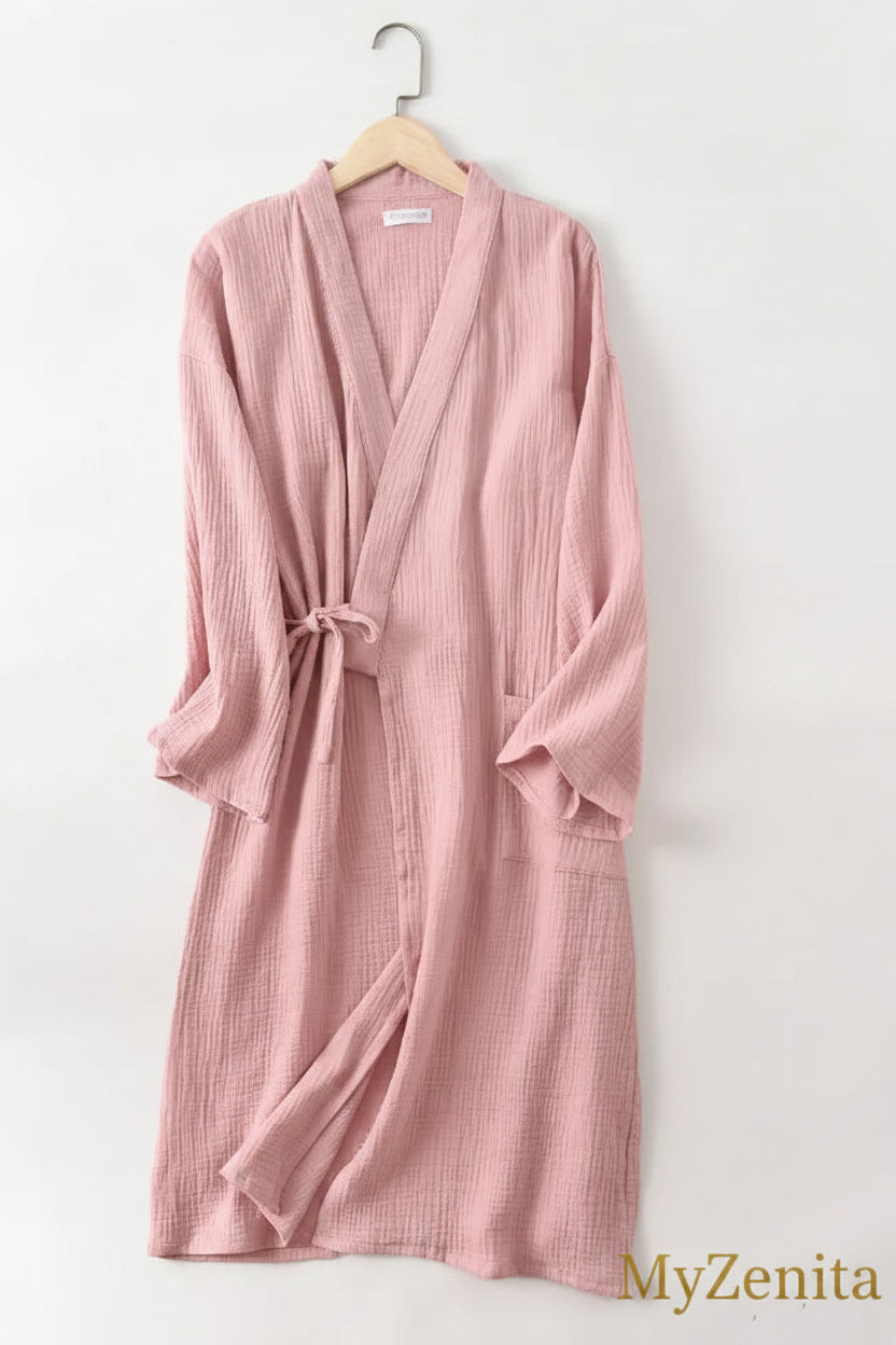 Peignoir Kimono Femme 100% Coton Crêpe Gaze – Col V Manches Longues Grandes Tailles – Livraison Offerte FR & EU