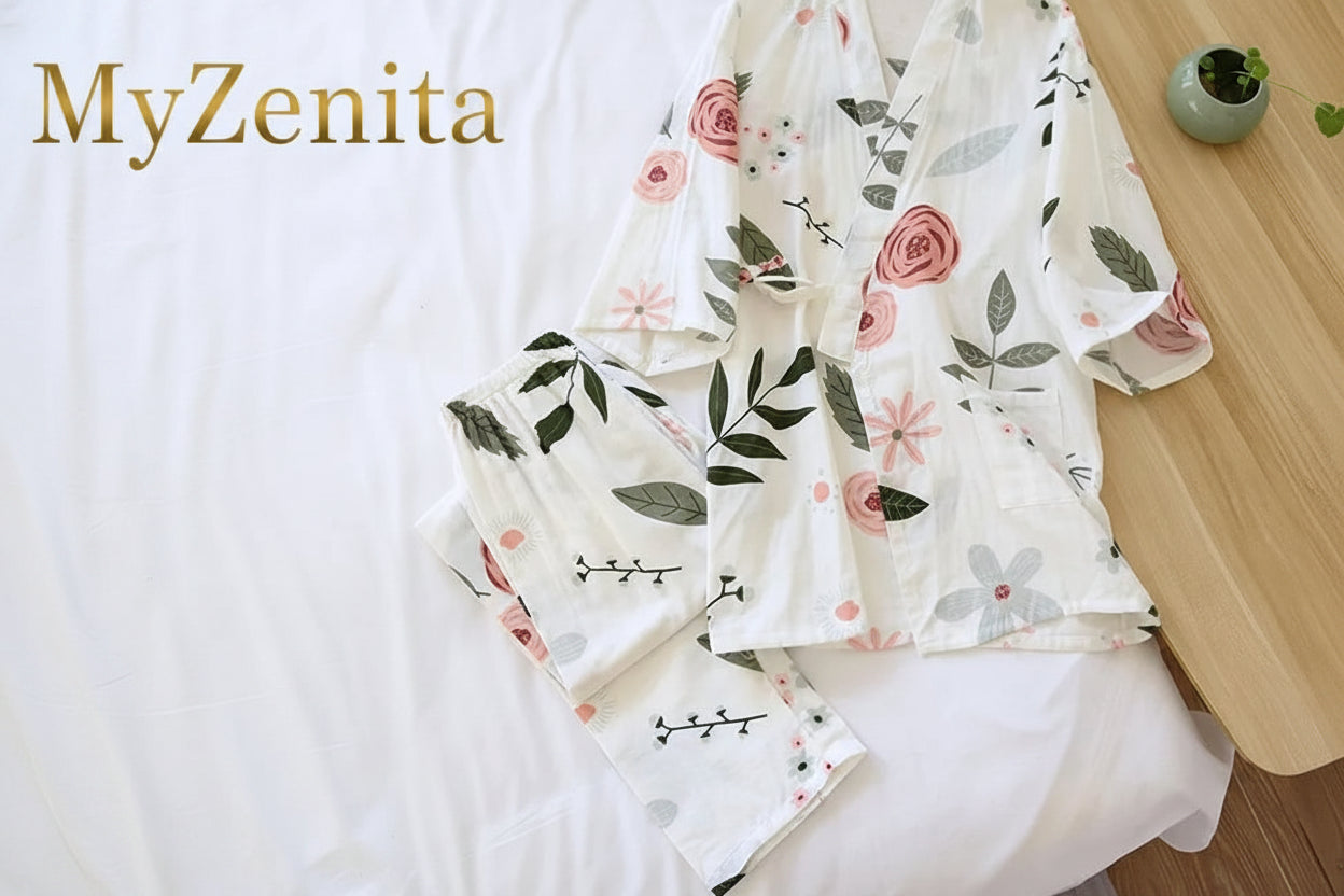 Pyjama Kimono Femme Coton Gaze Imprimé Roses – Livraison Offerte FR & EU