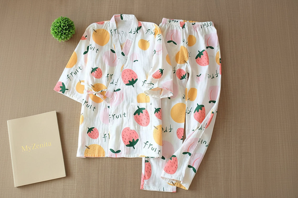 Pyjama Kimono Femme Coton Gaze Imprimé Roses – Livraison Offerte FR & EU