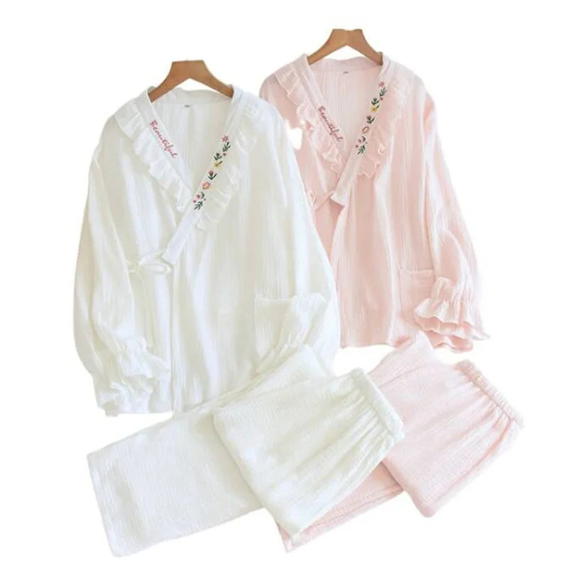 Ensemble Pyjama Kimono Femme 100% Coton — Manches Longues