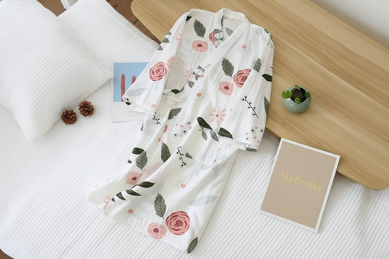 Pyjama Kimono Femme Coton Gaze Imprimé Roses – Livraison Offerte FR & EU