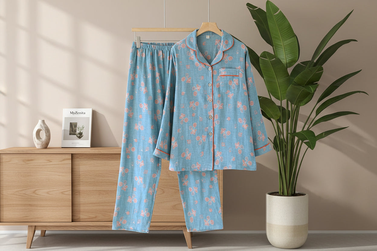 Pyjama Femme Coton Motif Floral Automne/Printemps – Ensemble 2 Pièces Confort – Livraison Offerte FR & EU