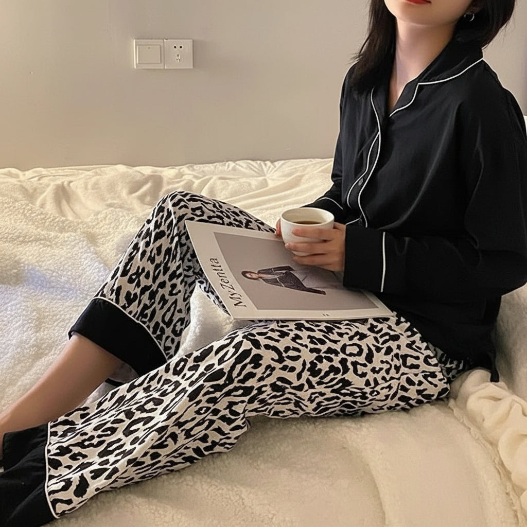 Pyjama Femme Imprimé Léopard – Ensemble 2 Pièces Col Chemise Manches Longues | Livraison Offerte