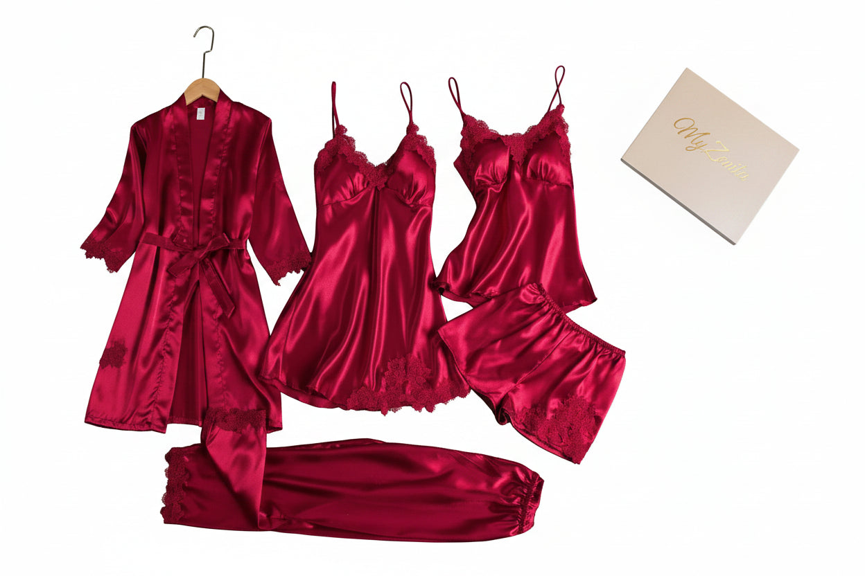 Ensemble Nuisette Satin Femme 5 Pièces – Dentelle & Soie | Col V (S-XXXL)