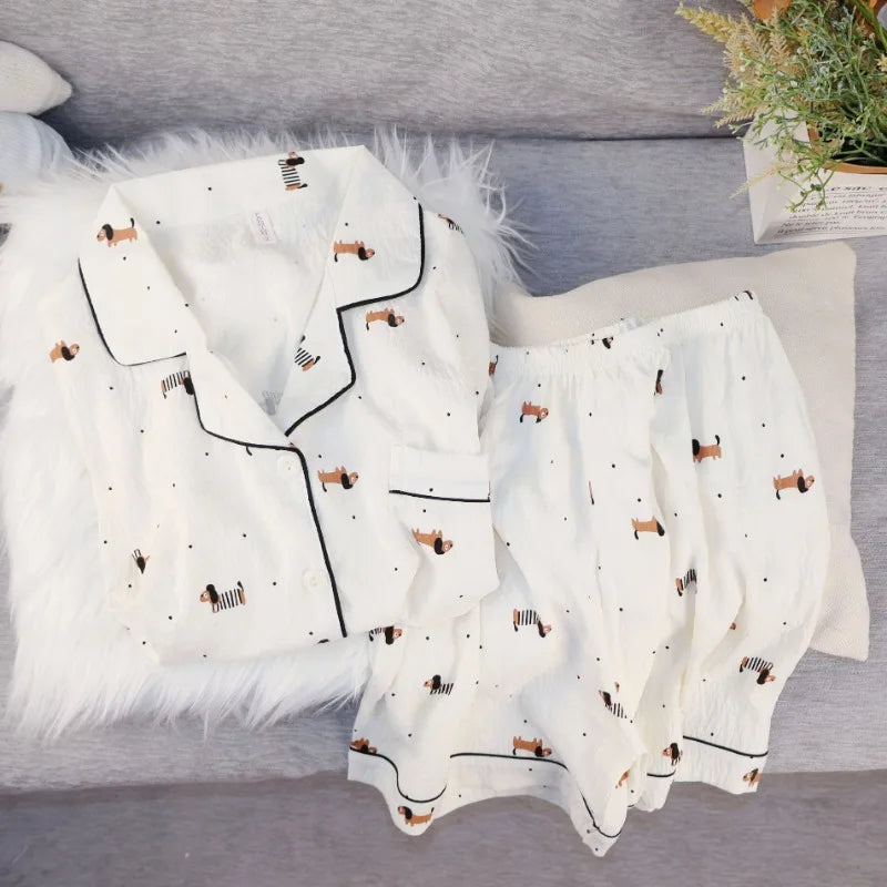 Pyjama Femme Été Imprimé Kawaii – Ensemble Short Col Revers Style Coréen