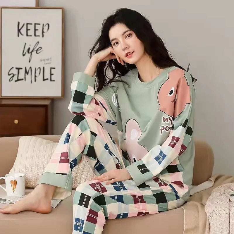Pyjama Femme Grande Taille – Ensemble Manches Longues Motif Imprimé – Printemps/Automne | Livraison Offerte FR & EU