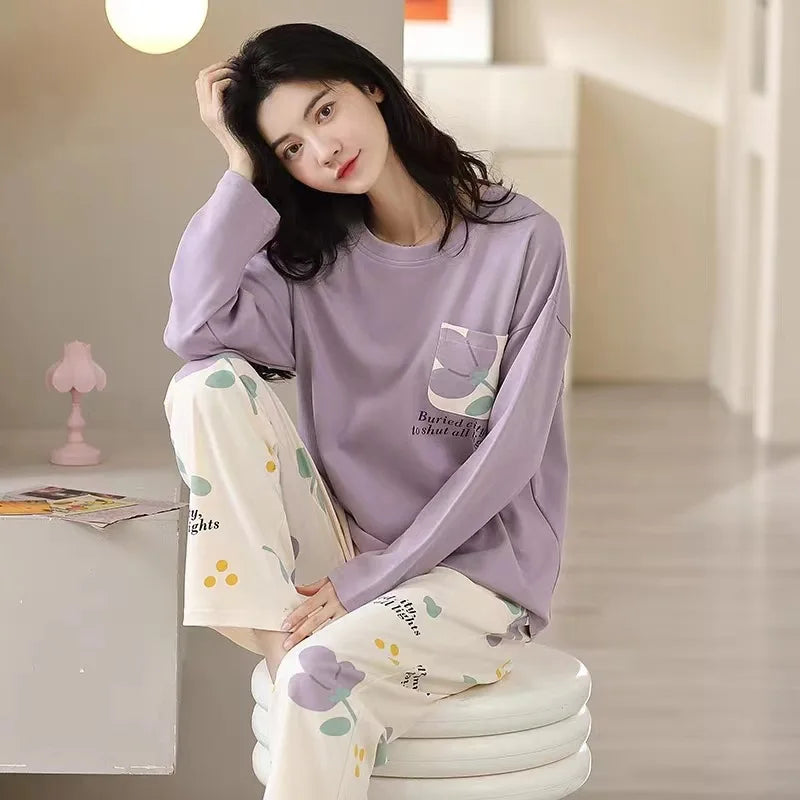 Pyjama Femme Grande Taille – Ensemble Manches Longues Motif Imprimé – Printemps/Automne | Livraison Offerte FR & EU