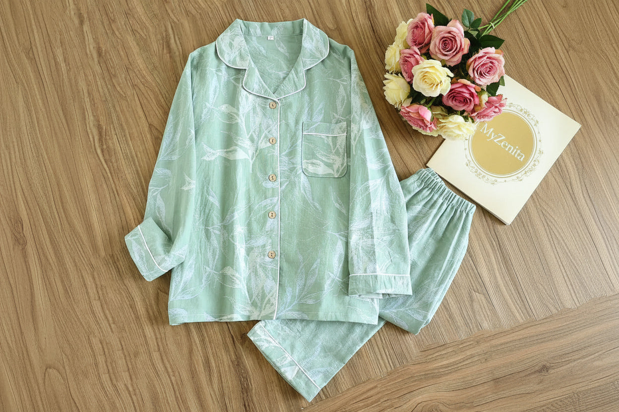 Pyjama Femme 100% Coton Crêpe – Ensemble 2 Pièces Manches Longues Motif Floral – Livraison Offerte FR & EU
