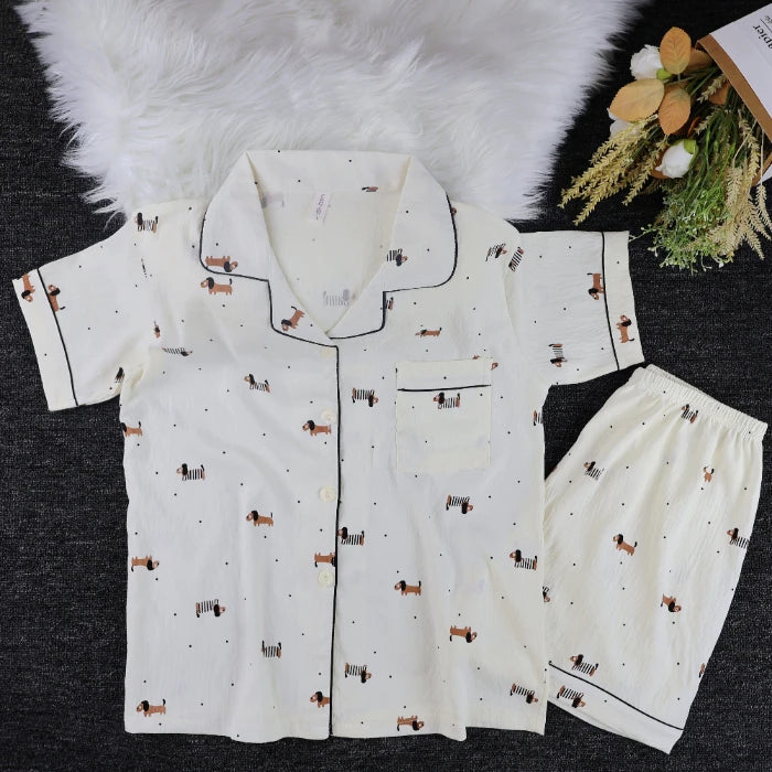 Pyjama Femme Été Imprimé Kawaii – Ensemble Short Col Revers Style Coréen