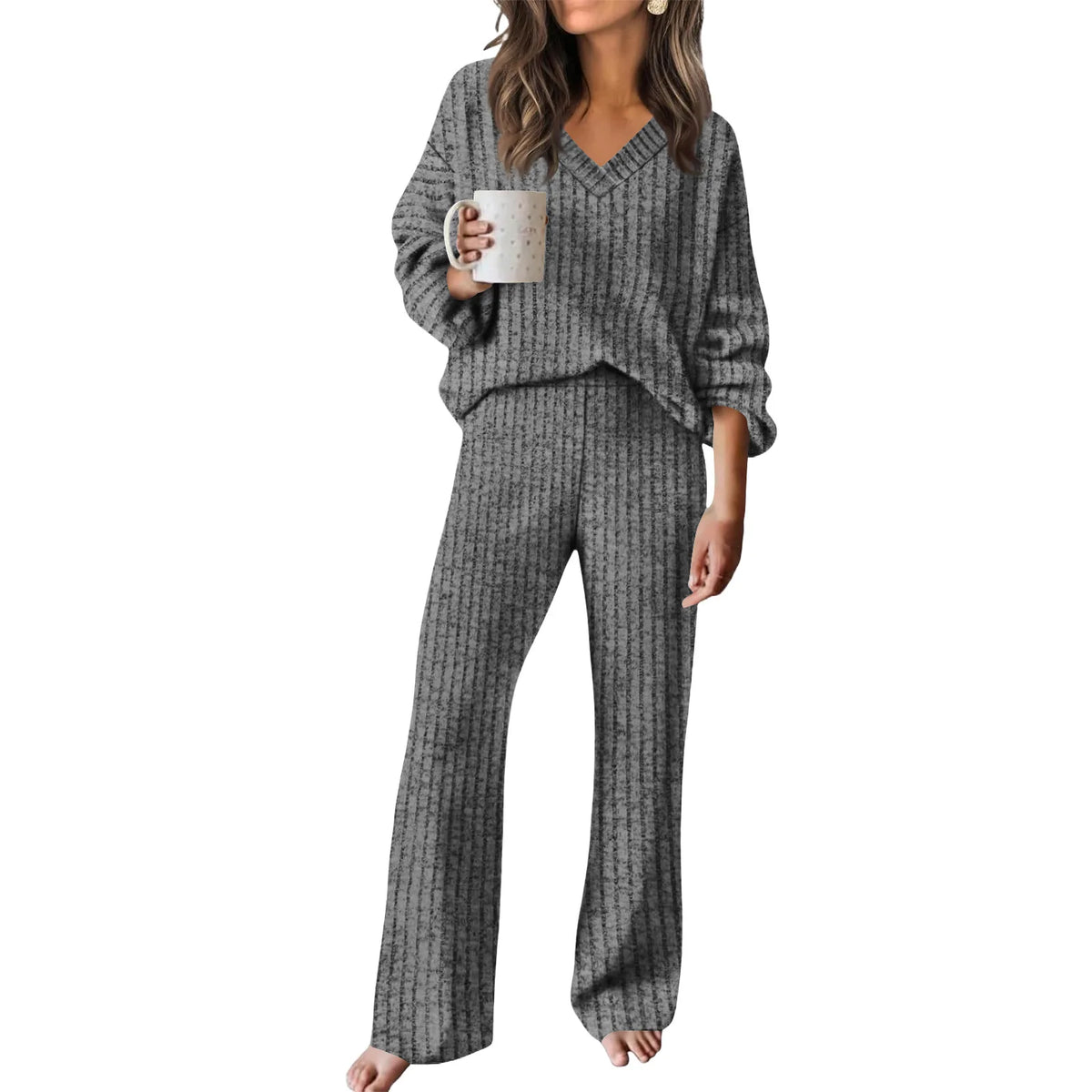 Ensemble Femme 2 Pièces – Haut à Manches Longues & Pantalon Large