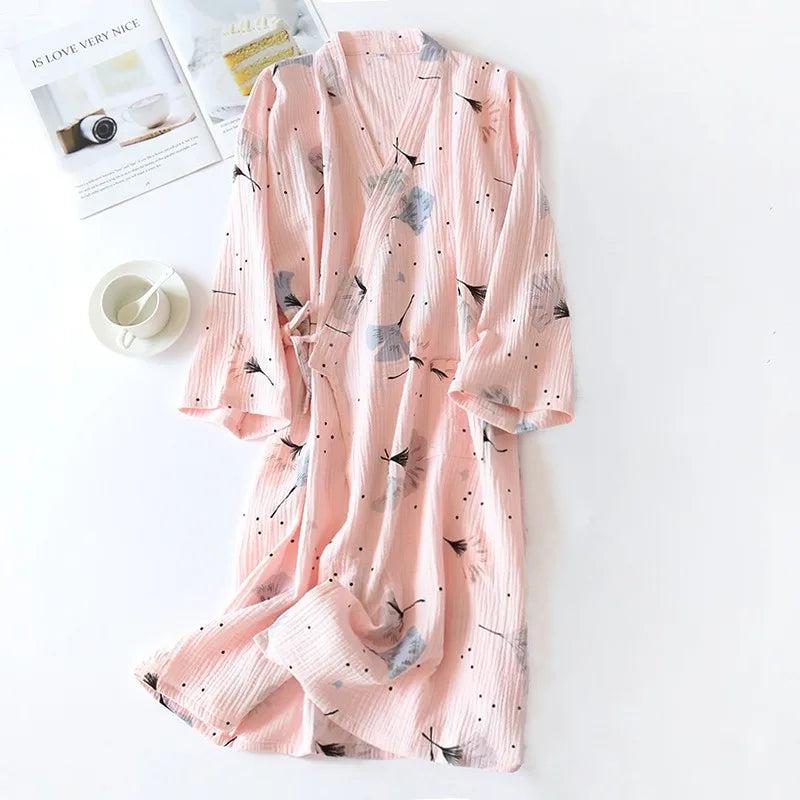 Pyjama Kimono Femme 100% Coton Gaze Imprimé - Ensemble 2 Pièces Col V Grandes Tailles - Printemps Été - Livraison Offerte FR & EU