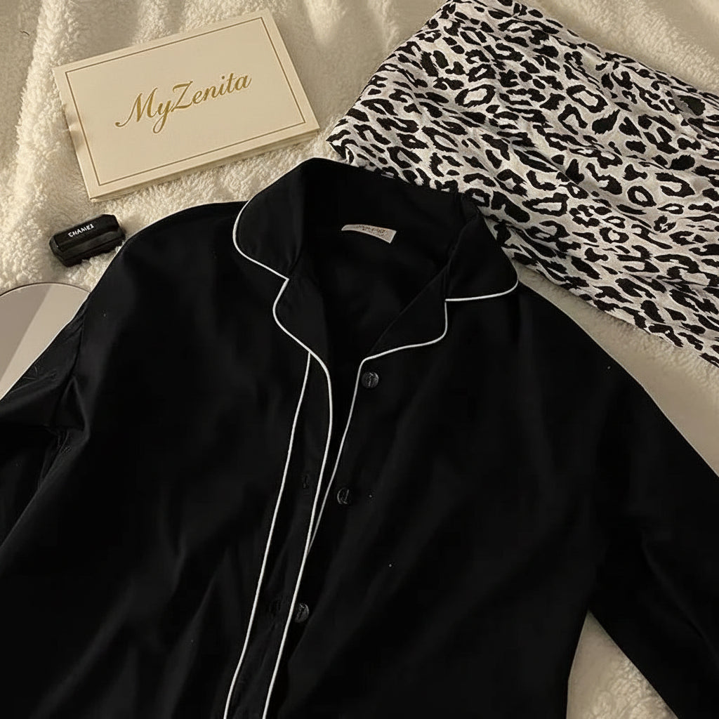 Pyjama Femme Imprimé Léopard – Ensemble 2 Pièces Col Chemise Manches Longues | Livraison Offerte