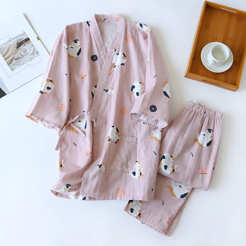 Pyjama Kimono Japonais Femme en Coton Gaze – Motif Chat Mignon – Livraison Offerte FR & EU