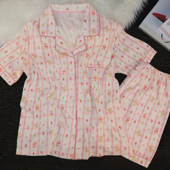Pyjama Femme Été Imprimé Kawaii – Ensemble Short Col Revers Style Coréen