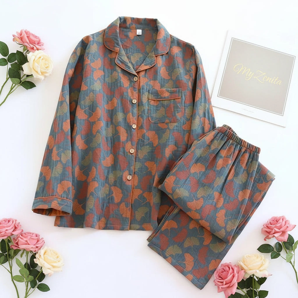 Pyjama Femme 100% Coton Crêpe – Ensemble 2 Pièces Manches Longues Motif Floral – Livraison Offerte FR & EU