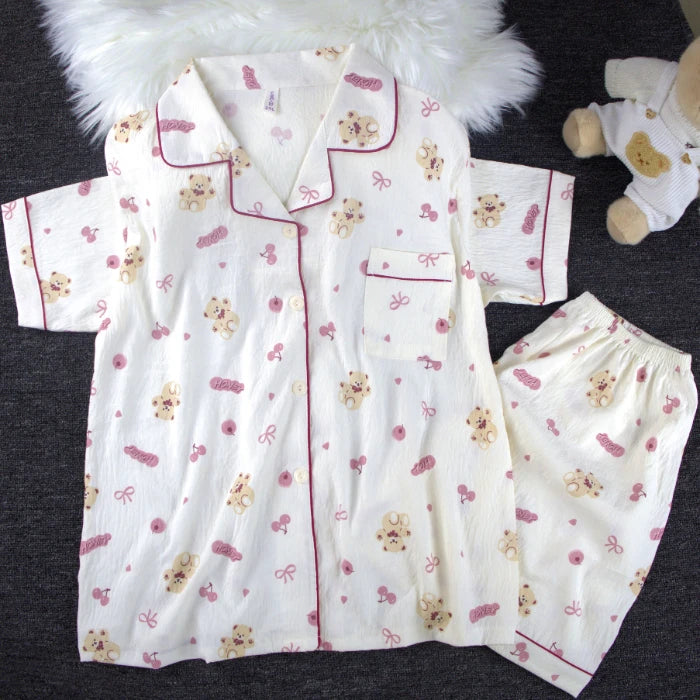 Pyjama Femme Été Imprimé Kawaii – Ensemble Short Col Revers Style Coréen