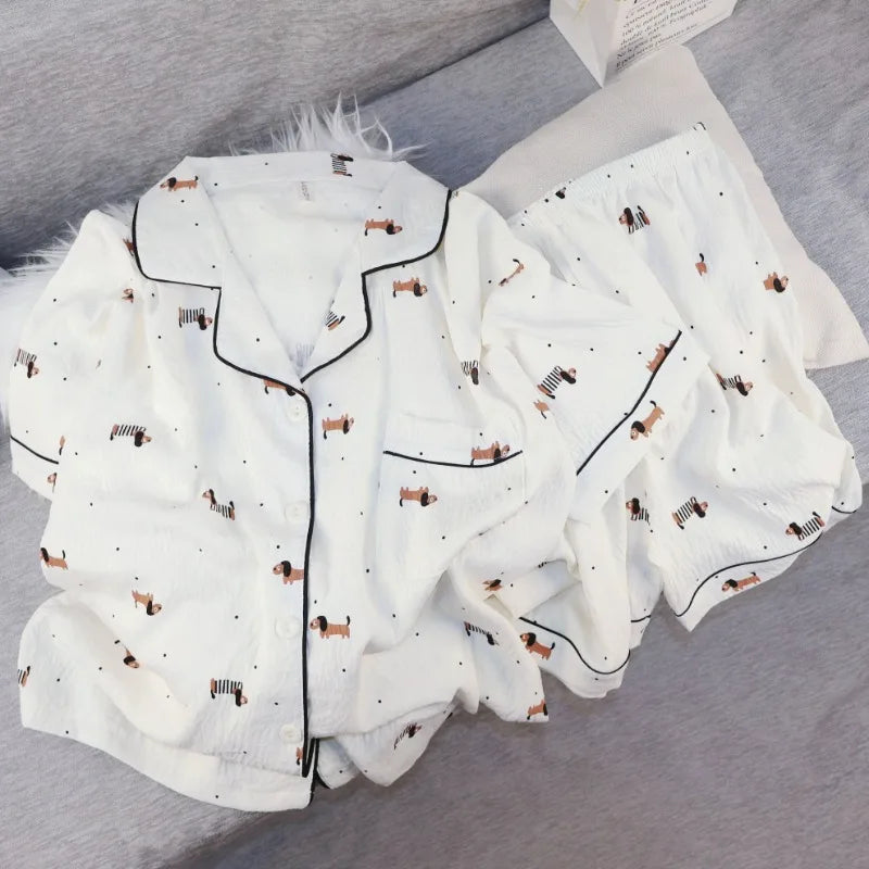 Pyjama Femme Été Imprimé Kawaii – Ensemble Short Col Revers Style Coréen