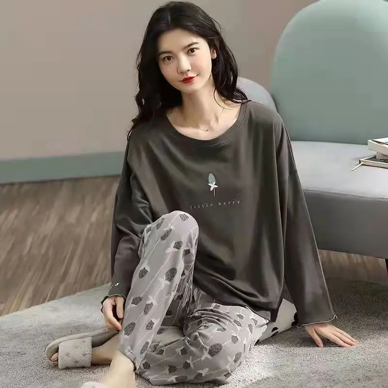 Pyjama Femme Grande Taille – Ensemble Manches Longues Motif Imprimé – Printemps/Automne | Livraison Offerte FR & EU