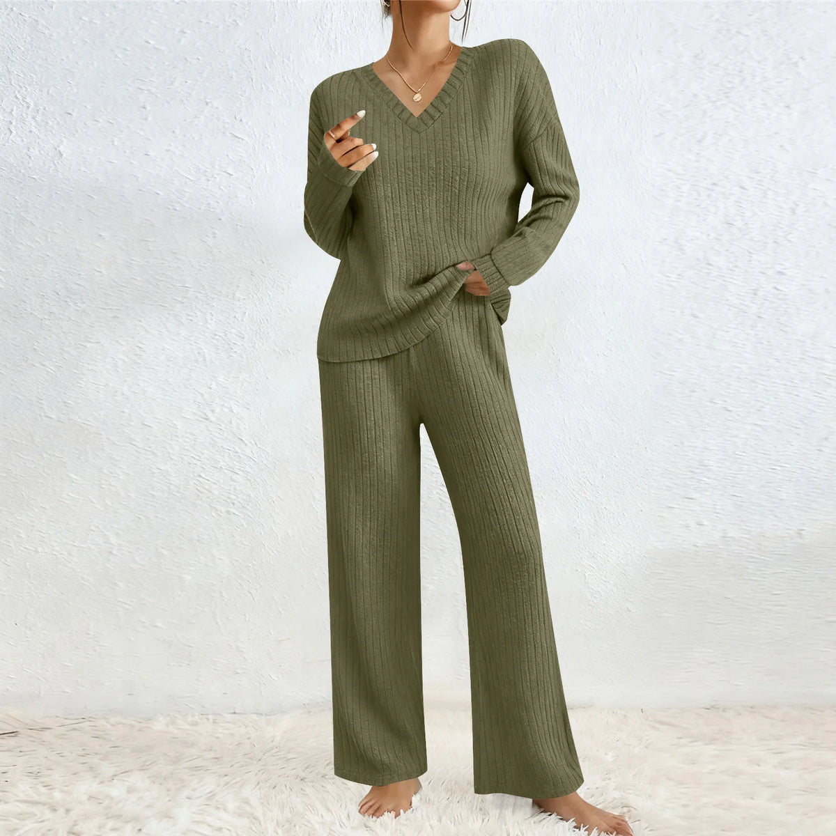 Ensemble Femme 2 Pièces – Haut à Manches Longues & Pantalon Large