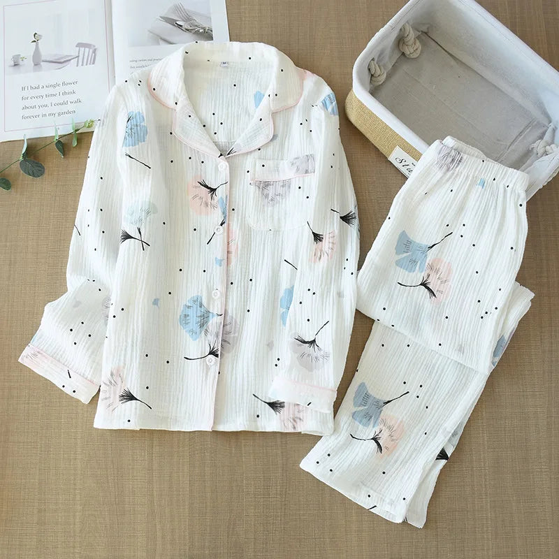 Pyjama Femme 100% Coton Gaze - Ensemble 2 Pièces Motif Plumes - Livraison Offerte FR & EU