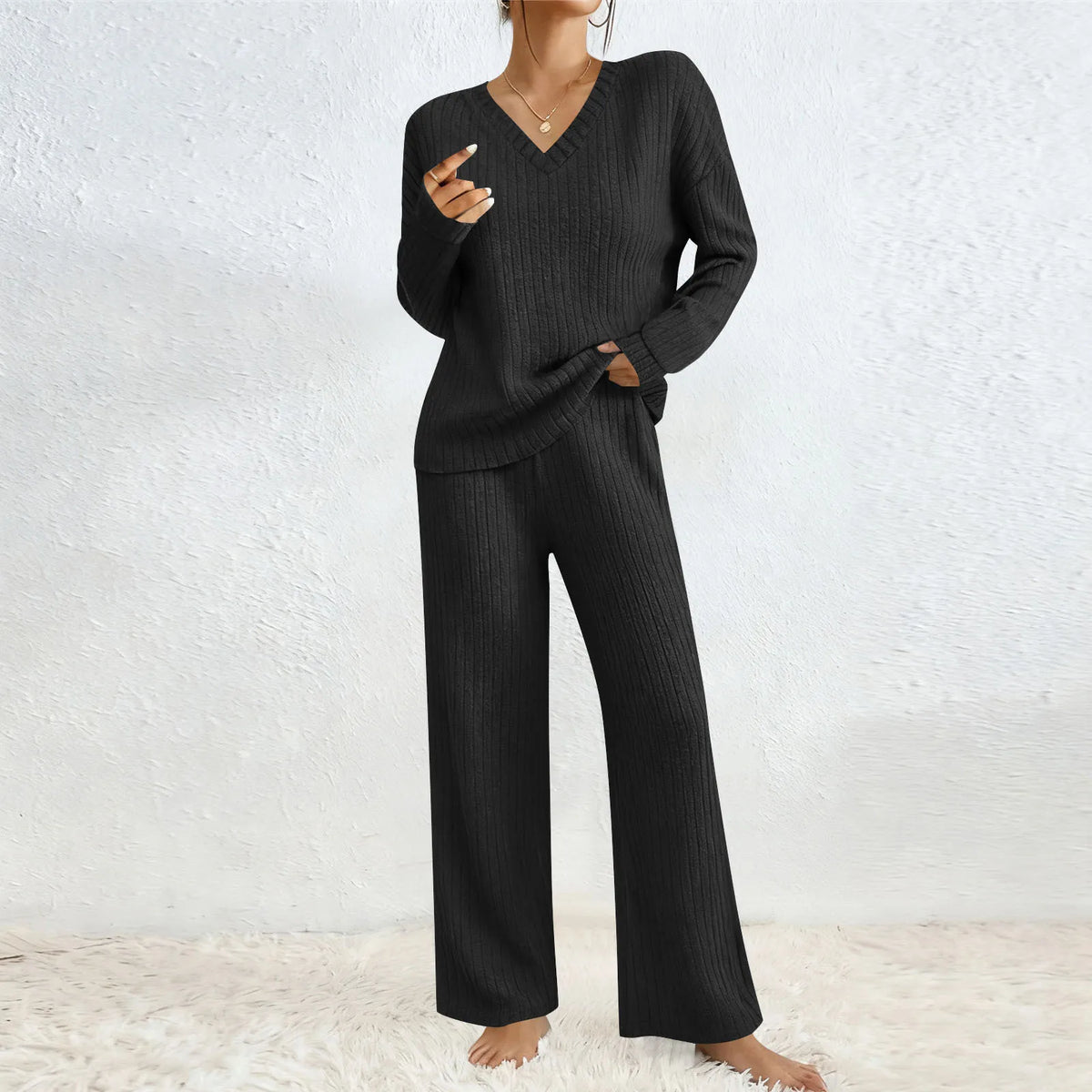 Ensemble Femme 2 Pièces – Haut à Manches Longues & Pantalon Large