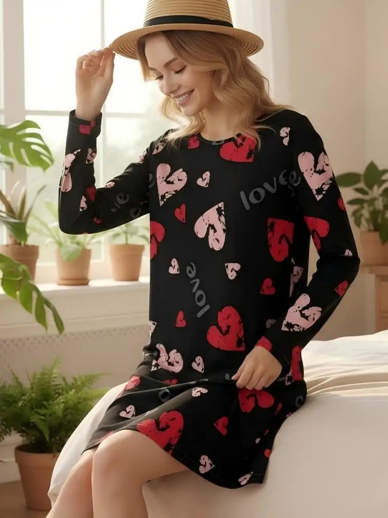 Chemise de Nuit Femme – Satin Polyester Doux Imprimé Col Rond Manches Longues – 6 Coloris – Livraison Offerte FR & EU