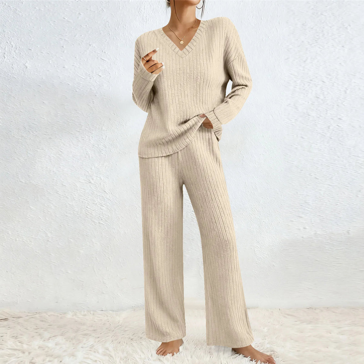 Ensemble Femme 2 Pièces – Haut à Manches Longues & Pantalon Large