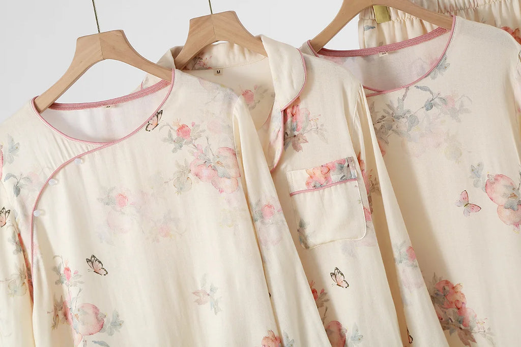 Pyjama Femme 2 Pièces Fleuri – Ensemble Coton Bambou Manches Longues – Livraison Offerte