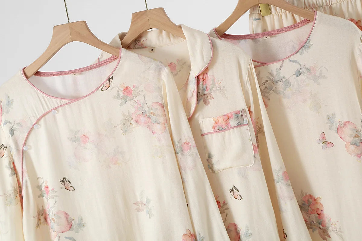 Pyjama Femme 2 Pièces Fleuri – Ensemble Coton Bambou Manches Longues – Livraison Offerte