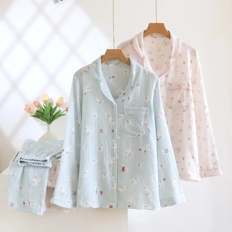 Pyjama Femme Premium 100% Coton Crêpe - Cardigan Élégant Col Revers 2 Pièces - Livraison Offerte FR & EU