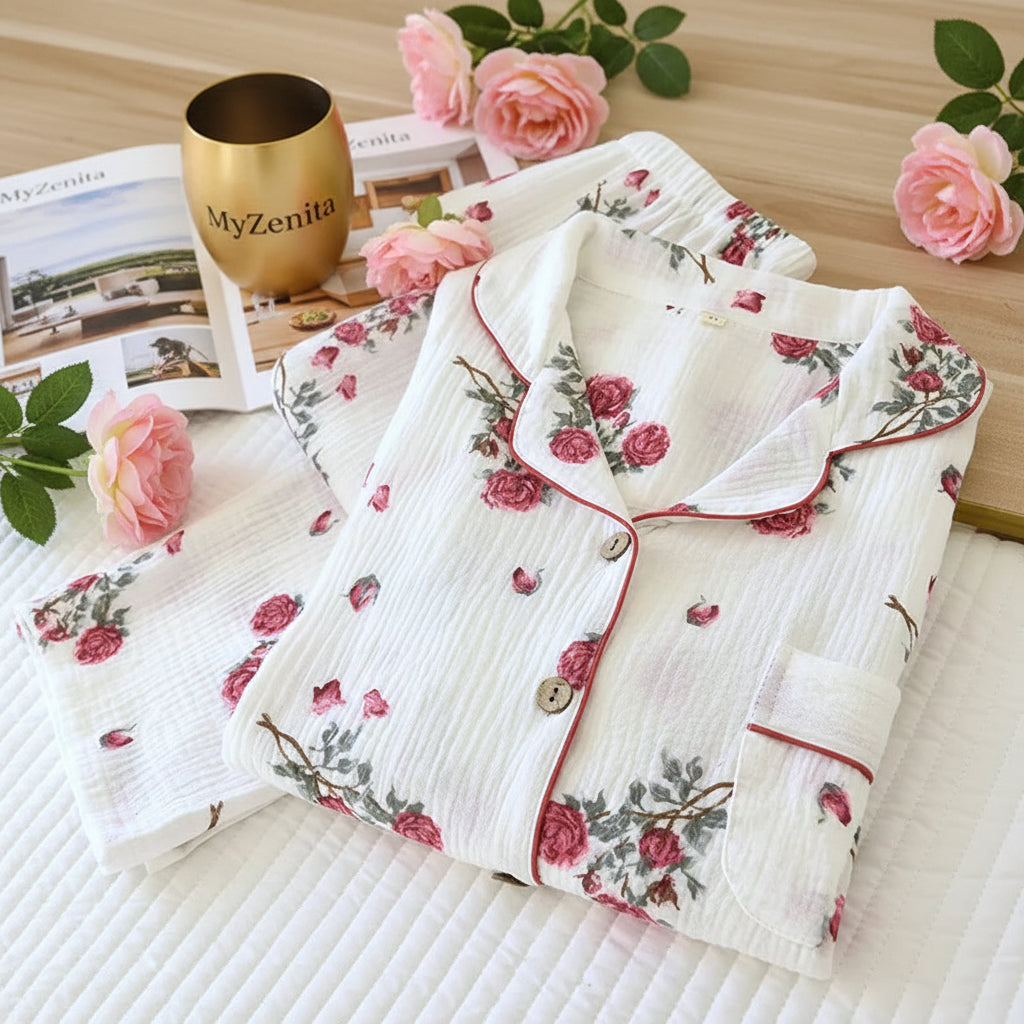 Pyjama Femme Coton Crêpe Automne – Ensemble 2 Pièces Confort – Livraison Offerte FR & EU