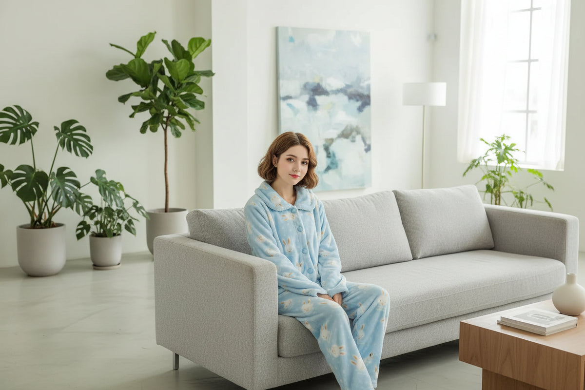 Pyjama Femme Polaire Corail Épaissie – Cardigan Lapin Cartoon