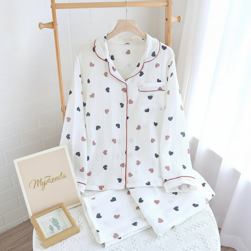 Pyjama Femme Coton Double Crêpe – Imprimé Cœur – Ensemble 2 Pièces – Livraison Offerte FR & EU