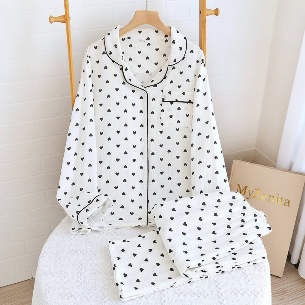 Pyjama Femme Coton Double Crêpe – Imprimé Cœur – Ensemble 2 Pièces – Livraison Offerte FR & EU