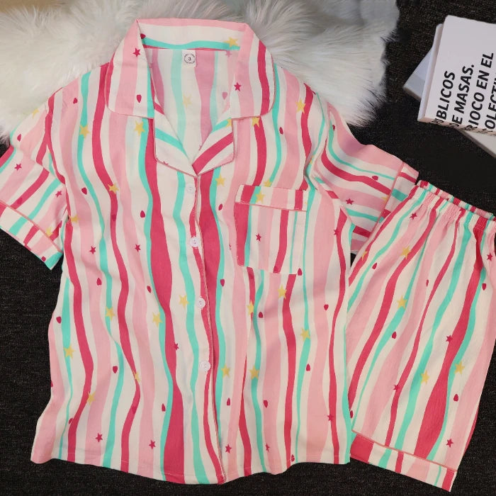 Pyjama Femme Été Imprimé Kawaii – Ensemble Short Col Revers Style Coréen