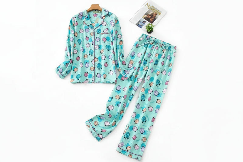 Pyjama Femme Flanelle Coton – Ensemble 2 Pièces Imprimé Kawaii & Carreaux | Livraison Offerte