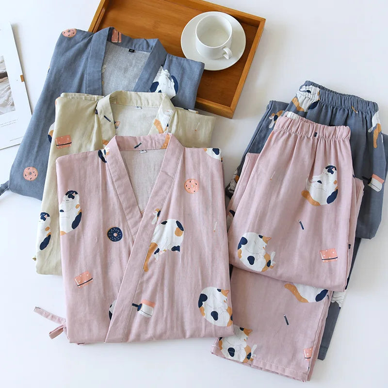 Pyjama Kimono Japonais Femme en Coton Gaze – Motif Chat Mignon – Livraison Offerte FR & EU