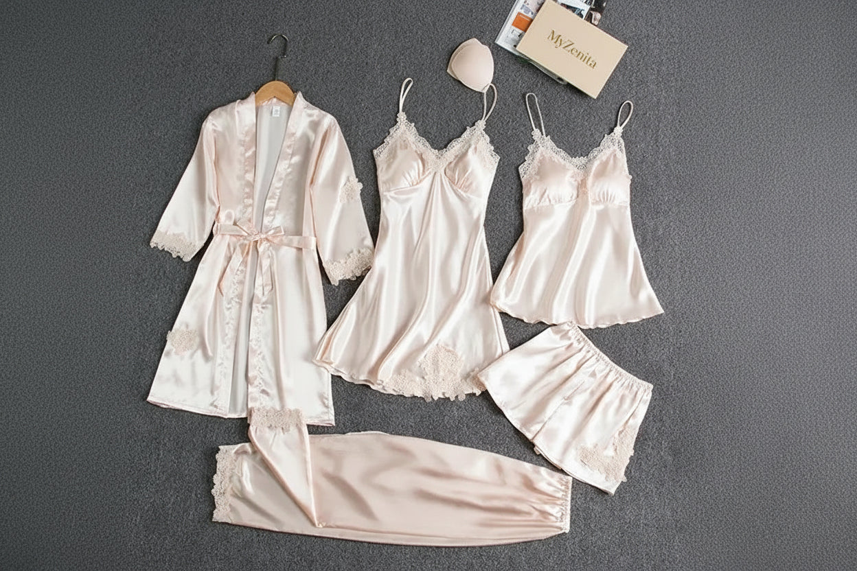 Ensemble Nuisette Satin Femme 5 Pièces – Dentelle & Soie | Col V (S-XXXL)
