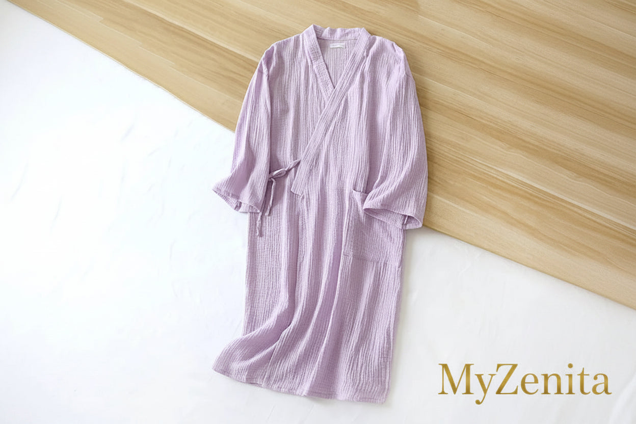 Peignoir Kimono Femme 100% Coton Crêpe Gaze – Col V Manches Longues Grandes Tailles – Livraison Offerte FR & EU