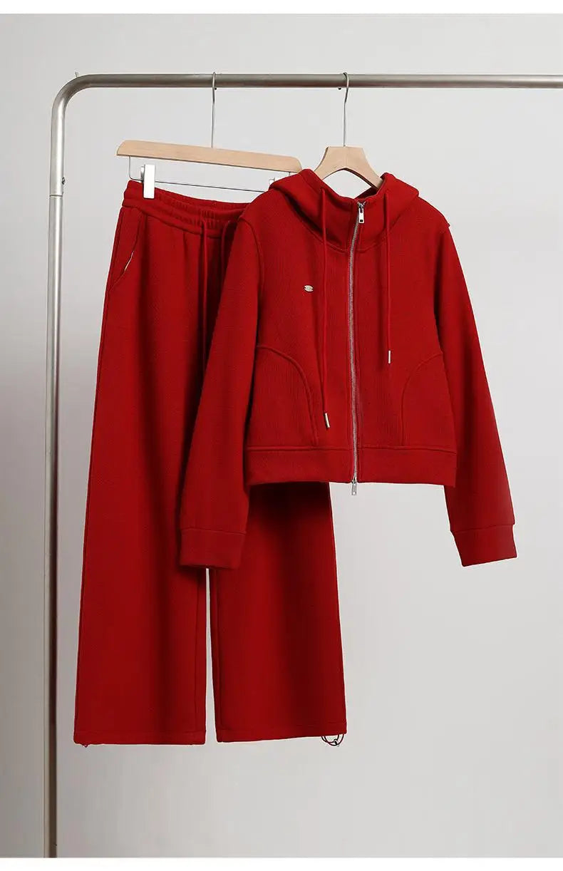 Ensemble Sportswear Femme 2 Pièces Polaire – Sweat & Pantalon Large Hiver – Noir ou Rouge – Livraison Offerte